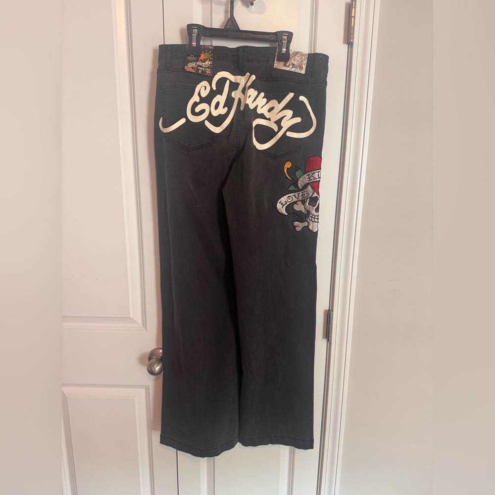 NWT Ed Hardy Black Embroidered Logo Jeans with Skull Patch